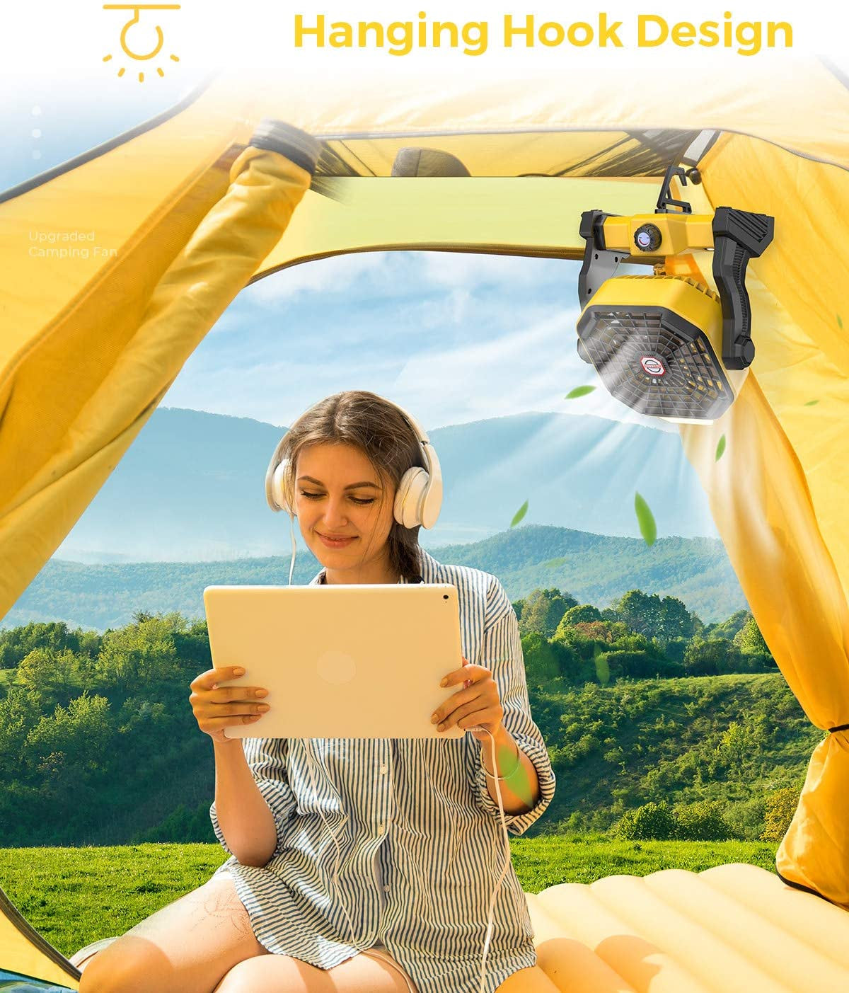 Camping Fan with LED Lantern, 36 Hours 9 Inch Portable Rechargeable Battery Powered Fan with Stepless Speed and Quiet Battery Operated for Picnic, Barbecue, Fishing, Travel, Home, Tent